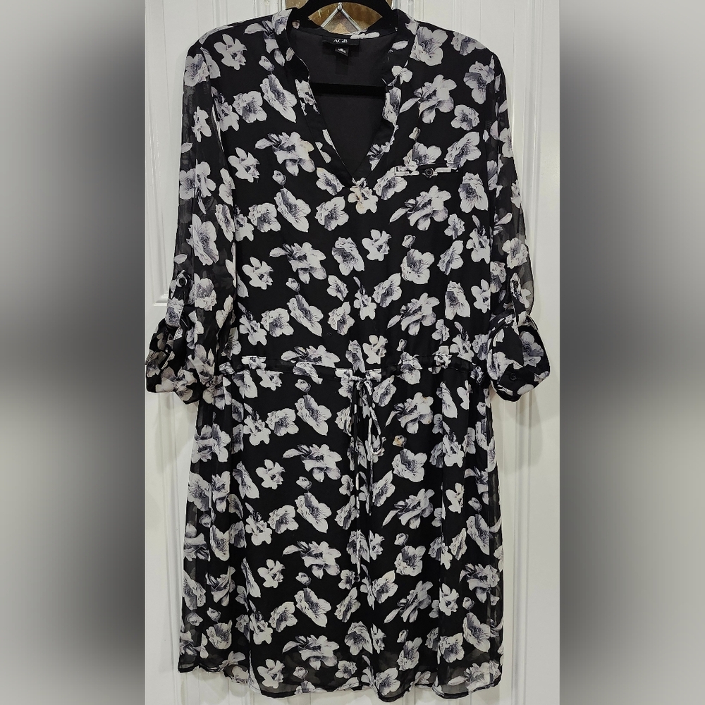 AGB semi sheer black floral drawstring waist layered midi dress women's size XL
